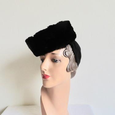 Vintage 1940's Black Fur Turban Hat with Wool Snood Fall Winter Rockabilly WW2 Era 40's MillineryRockabilly 