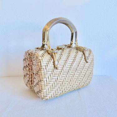 Vintage 1960's Natural Woven Wicker Box Purse Gold Clasp and Hardware Gold Top Handles Plastic Coated MCM 60's handbags Dayne Taylor 