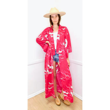 Crane Kimono // vintage dress boho hippie blouse top 70s 80s robe swimsuit cover bathing suit beach pink bird birds // O/S 