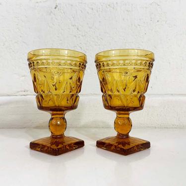 Vintage Park Lane Amber Port Sherry Glasses Square Base Goblet Set of Two Golden Yellow Indiana Glass 1970s Wine Boho Pair Mid-Century 70s 