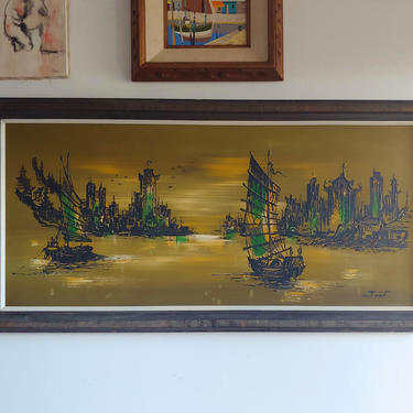 Vintage Abstract Asian Seascape Original Painting 