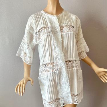 Swimsuit Cover Up, Cut Out Lace, Tiny Tucks, Bell Sleeves, Vintage Kimono Robe, Cool Top Boho Hippie Vintage 70s 