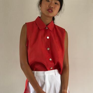 90s linen blouse / vintage blood orange sleeveless linen oversized button down persimmon shirt blouse | M 