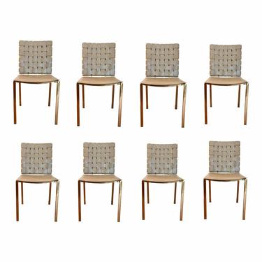 Modern Woven Gray Leather and Brass Dining Chairs Set of Eight