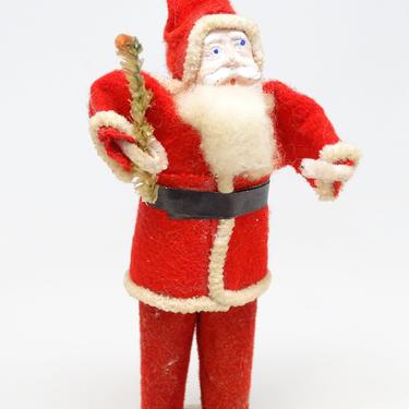 Antique 5 Inch Santa With Hand Painted Clay Face,  Holding Faux Feather Christmas Tree, Vintage Retro Decor 