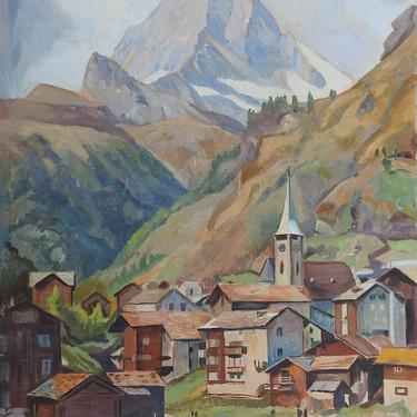 Mid Century Painting European Mountain Village