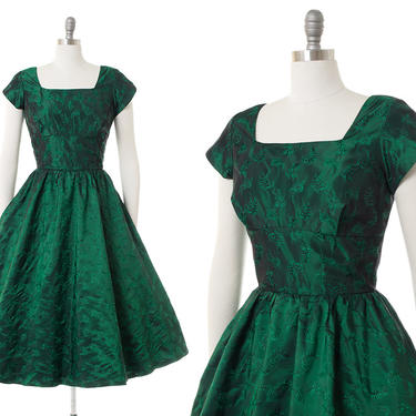 Vintage 1950s Dress | 50s Feather Novelty Forest Green Damask Satin Taffeta Holiday Party Gown (medium) 