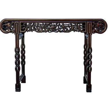Asian Carved Huali Wood Double Dragon Chasing Fire Ball Altar Table n409S