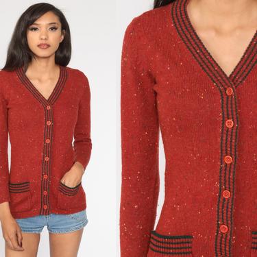 Flecked Rust Sweater Cardigan 70s Sweater Red Button Up Sweater Tight Sweater Boho Vintage 1970s Retro Bohemian Small S 