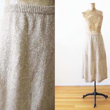 Vintage 70s Mohair Knit Skirt S M - 1970s Tan Beige High Waist Midi Skirt - Cozy Fall Skirt - Cottagecore Skirt - 70s Boho Clothing 