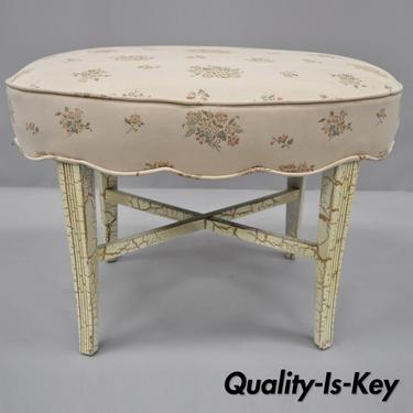 French Victorian Style White Distress Painted Accent Oval Vanity Bench Seat