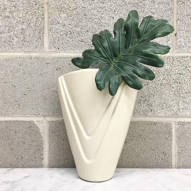 Vintage Vase Retro 1980s Art Deco Revival + Contemporary + Cream White + Ceramic + Flower or Plant Display + Accent + Home and Table Decor 