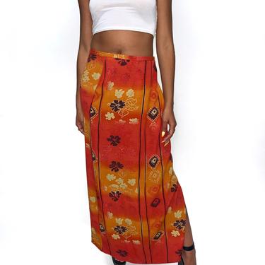 VINTAGE 90s Bohemian Hawaiian Orange Floral Maxi Skirt M-L 