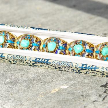 Antique Chinese Silver Cloisonne Filigree Turquoise Link Bracelet W/ Original Box, Ornate Enamel Butterfly Design, Security Chain, 7&quot; L 