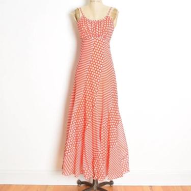 vintage 70s sun dress red white polka dot stripe print swirl long maxi disco XS clothing 