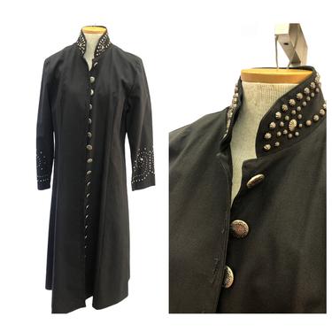 Vintage VTG 1990s 90s Black Cotton Studded Duster Full Length Coat Jacket 