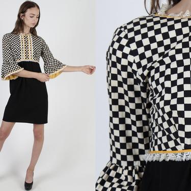 Vintage 60s Checkered Dress / Mod Bell Sleeve Tuxedo Dress / Fit N Flare Scooter Black Ivory Check Micro Mini Dress 