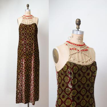 1970s India Import Dress / 60s 70s Block Print Velvet Macrame Dress 