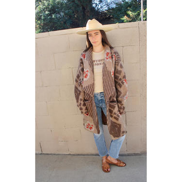 Fiber Art Cardigan Sweater // vintage knit boho hippie dress hippy 80s 70s tunic brown oversize jacket // O/S 