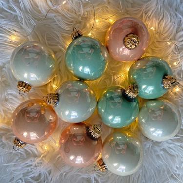 Vintage Set of 12 Green, Orange, Beige Glass Ornaments // Pastel Christmas Tree Bulbs // Green Holiday Ornament // Vintage Decor - ML1 