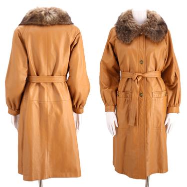 60s SILLS Bonnie Cashin leather fur coat M / vintage 1960s butterscotch leather raccoon trim tie trench coat winter 70s 