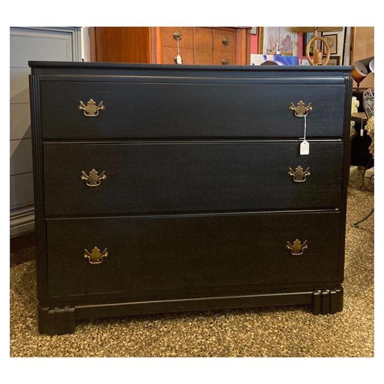 Vintage black painted 3 drawers art deco style chest 42.5” long / 19.8” deep / 35” H 