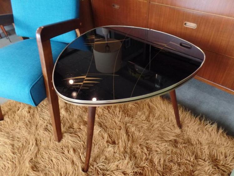 Mid-Century Modern guitar pick side table with reverse painted glass top