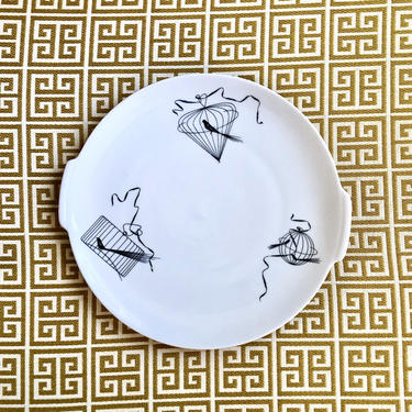 Vintage Papageno Bird Cage Cake Plate Stand, Serving Platter Plate - Black and White Porcelain, Mid Century Modern, Loewy for Haviland 