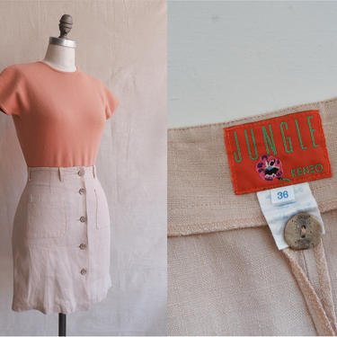 Vintage 90s Kenzo Linen Mini Skirt/ 1980s Patch Pocket Button Up Ecru Skirt/Kenzo Jungle/ Size XS 25 