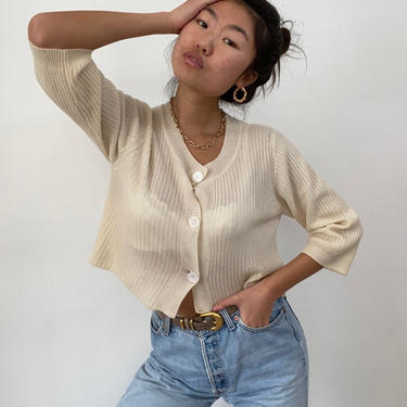 90s cashmere cropped sweater / vintage ivory creamy white ribbed cashmere button front cropped cardigan sweater | M 