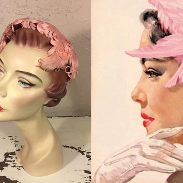 Side View and Side Glance - Vintage 1950s Flamingo Pink Curled Feather Skull Hat Fascinator Hat 