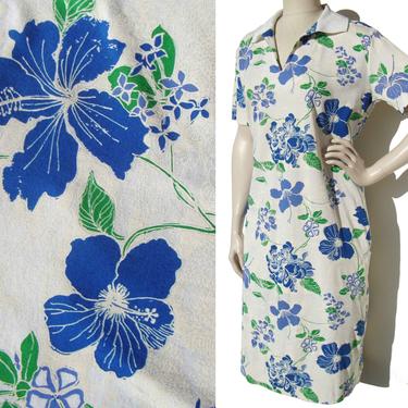 Vintage 70s Blue Hibiscus Key West Shirt Dress M 
