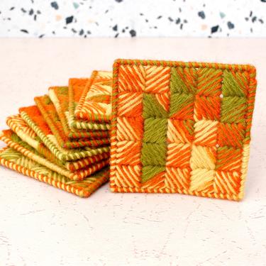 Vintage 1970s Boho Handmade Woven Coasters - Trippy Psychedelic Pattern Orange & Green - Set/7 