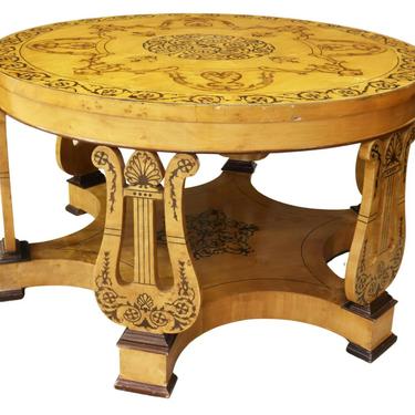Antique Table, Center, Biedermeier Style Marquetry Circular, Lyre, Early 1900's