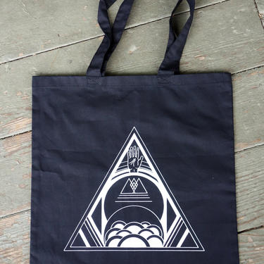 Black Tote Bag with Geometric Shapes, Triangles, Human Hand, Witchy Esoteric Heavy Metal Stoner Tarot Imagery forest fathers Original Design 