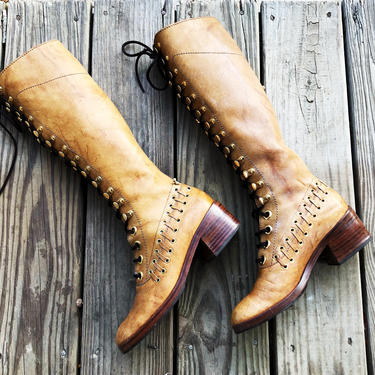 Vintage 60s Tan Brown Marble Leather Tall Lace Up Woven Leather Square Toe Block Heel Knee High Boots 7 