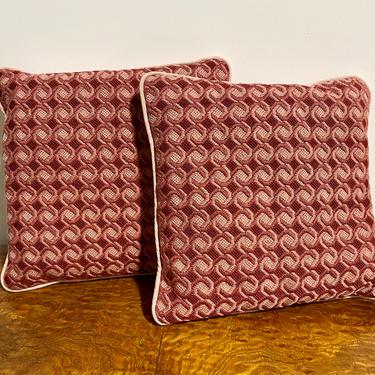 Pair of Vintage Needlepoint Accent Pillows with Two-Tone Pink Geometric Design 