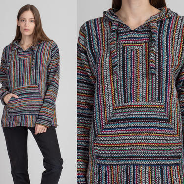 Vintage Striped Drug Rug Jerga Hoodie - Men's Small | Hooded Baja Mexican Rainbow Stripe Sweater 