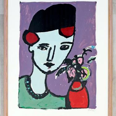 Contemporary Modern Framed Acrylic Portrait Painting Signed B. Cohen w Flowers 