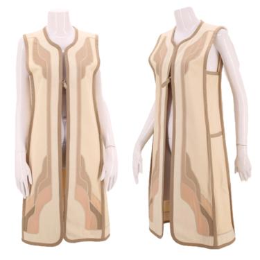 70s G GIRVIN appliqué vest top / 1970s vintage cotton art to wear tunic or gilet beige khaki S 