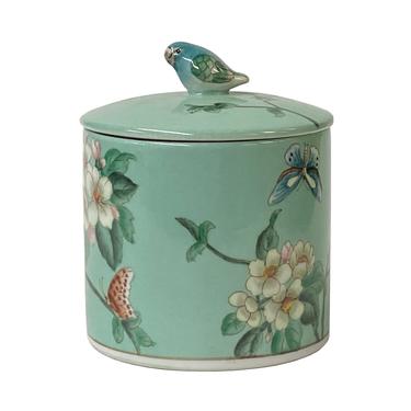 Contemporary Celadon Green Flower Painting Round Porcelain Box ws1191E 