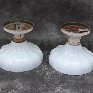 Pair of Art Deco Torchiere Milk Glass Pendant Ceiling Light Fixtures &amp; Shades 1930's Mid Century Modern Hospital Lamps Architectural Salvage 
