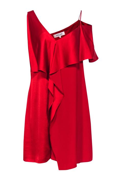 Diane von Furstenberg - Red Draped Dress w/ Flounce &amp; Asymmetrical Shoulders Sz 12