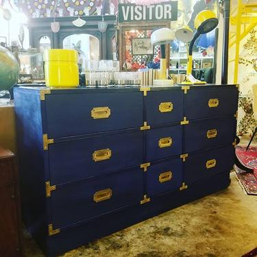 9 drawer, navy blue campaign dresser 