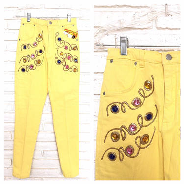 Vintage 80's Bedazzled Yellow High Waisted Stretch Jeans M 1980's Puffy Paint Skinny Leg Pants 7/8 