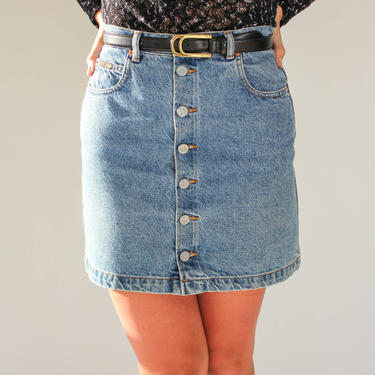 Vintage 90s Calvin Klein Jeans Medium Wash High Waisted Denim Skirt w/ CK Button Logo Front | Made in USA | 1990s CK Designer Denim Skirt 
