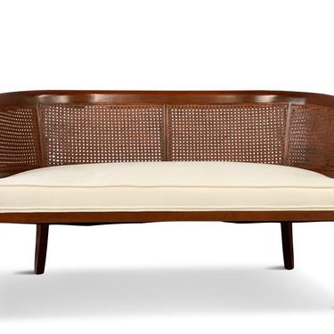 Mid-Century Mahogany, Cane and Upholstered Bench in the Style of Probber