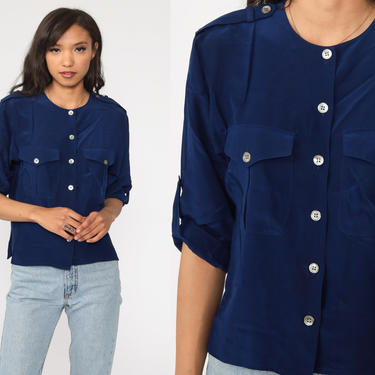 Blue Silk Shirt Button Up Shirt 80s Military Short Sleeve Blouse 1980s Vintage Cargo Pocket Retro Plain Top Small S 