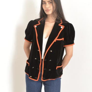Vintage 1960s Jacket / 60s Velvet Puff Sleeve Blazer / Black Orange ( medium M ) 