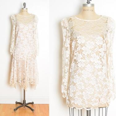 vintage 80s dress cream lace sheer layered tiered flapper gatsby midi M 